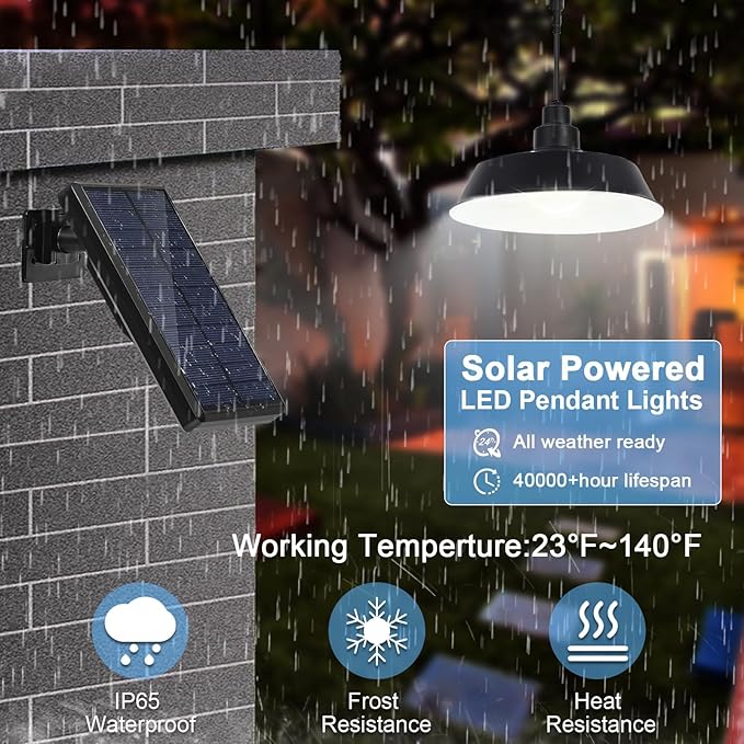 Solar Pendant Lights Outdoor Solar Shed Light with 360° Adjustable Panel Dimmable Lighting with Remote Control 16.4ft Cable IP65 Waterproof for Patio Garage Camp Chicken Coop Barn