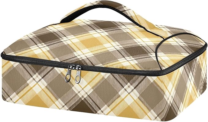 Casserole Carrier Pattern Yellow Brown Tartan Insulated Casserole Carrier for Hot or Cold Food Thermal Lunch Tote for Parties Picnic Travel Carry Bag