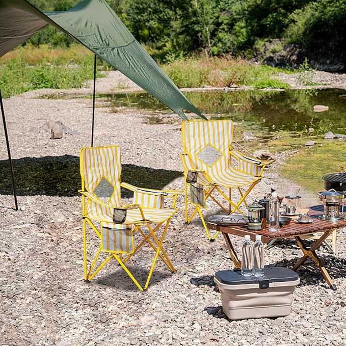Nazhura 2 Pack Folding Camping Chair with Cooler Pouch Mesh Backrest and Cup Holder Pocket (Yellow 2 Pack)