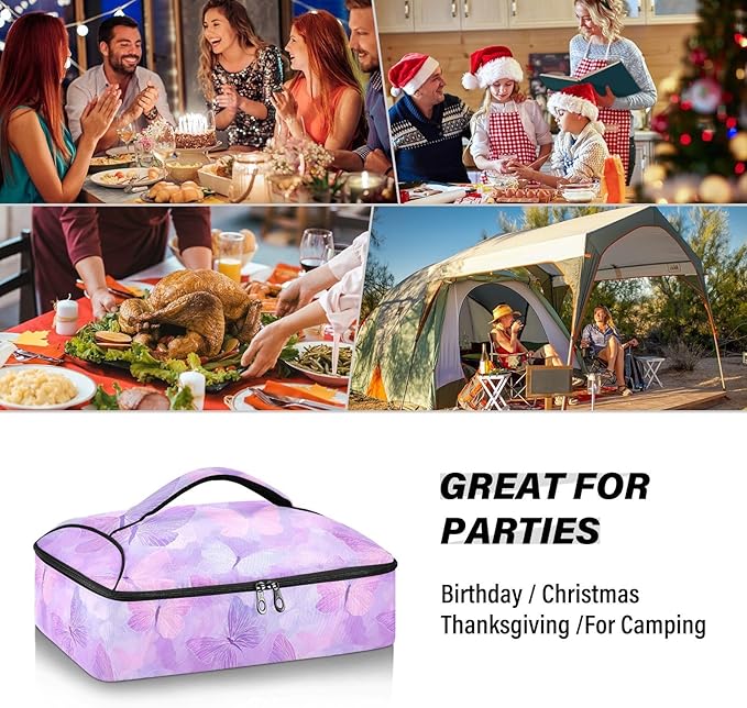 Casserole Carrier Cute Pattern Butterfly PurpleInsulated Casserole Carrier for Hot or Cold Food Thermal Lunch Tote for Potluck Parties Picnic Beach Fits 9 x 13 Inches Baking Dish