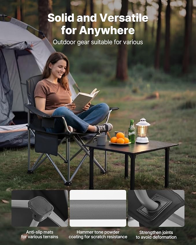 VEVOR Oversized Camping Folding Chair Portable Heavy Duty Outdoor Quad Lumbar Back Padded with Side Pockets Cup Holder and Cooler Bag for Beach Lawn Picnic Fishing Backpacking 2 Pack
