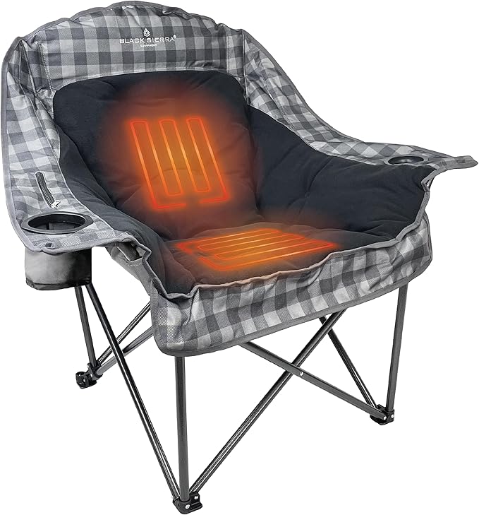 Black Sierra Heated Fleece Camping Chair for Adults Oversized Outdoor Seat with Plush Padding Supports 400lbs Cup Holders and Carry Bag Heavy Duty Folding Chair for Tailgating or Patio (Black)