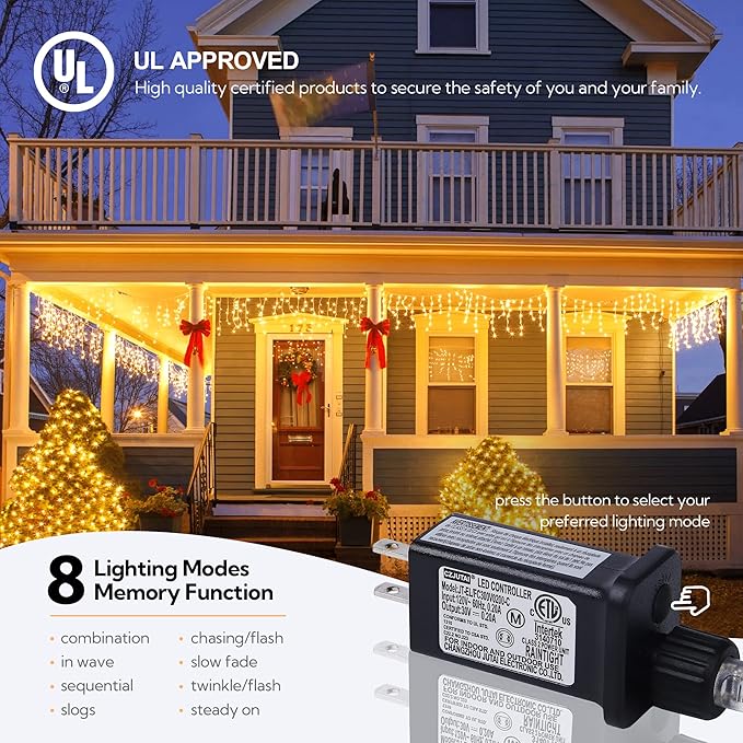 Hopolon 33FT 360L LED Christmas Icicle Lights Outdoor Waterproof8 Modes Plug in Curtain String LIghts With 60 DropsChristmas Lights for WeddingPartyBedroomHomeGardenWall Decorations(Warm White)