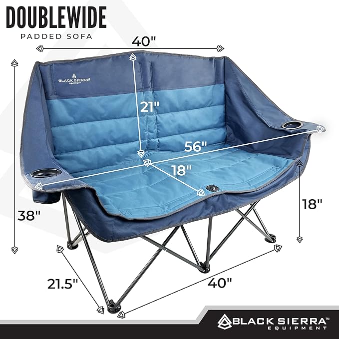 Black Sierra Double Padded Folding Camping Chair Oversized Folding Camp Sofa Portable Outdoor Loveseat Supports 500 lbs Perfect for Beach Tailgating RV Sports Patio