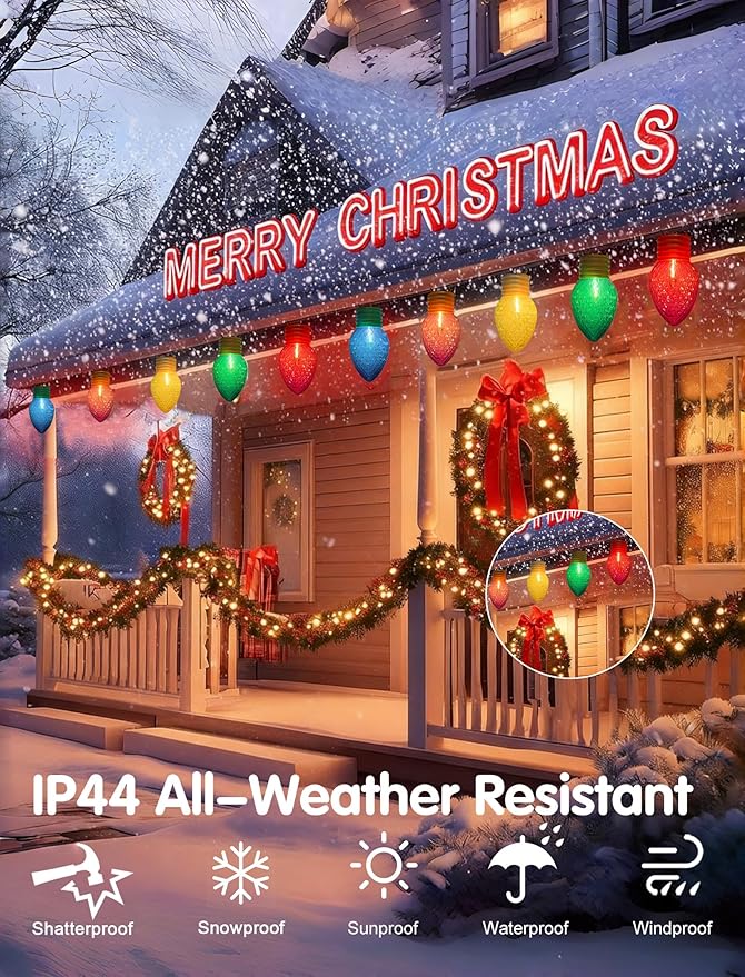 Jumbo Christmas Lights String16FT C7 Giant Christmas Lights Decorations Connectable Hanging Lights with 10 Multicolor Strawberry Big Bulb for Roof Yard Garden Outside Decor