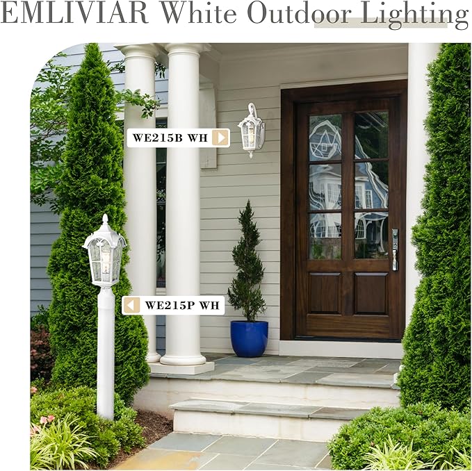 Emliviar Outdoor Wall Lights 1-Light Modern Outside Lights for House 17.5 Inch Height with Water Glass White Finish WE215B WH
