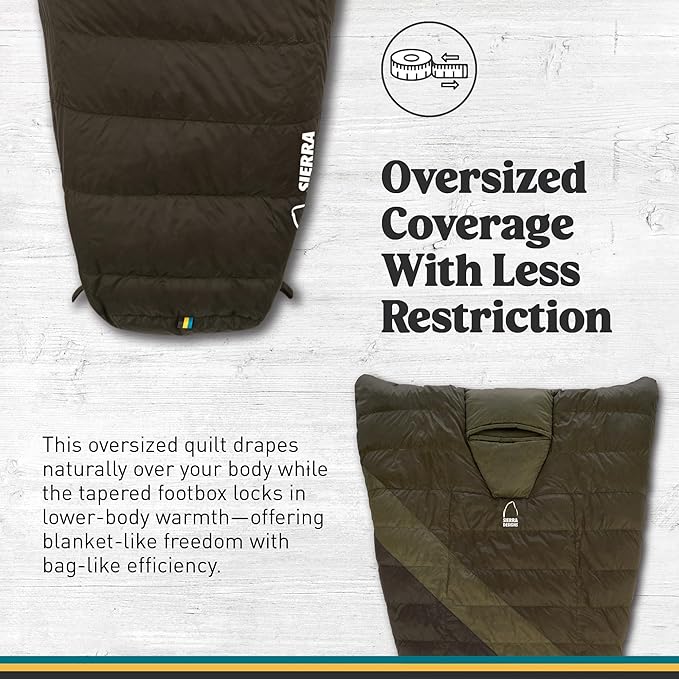 Sierra Designs Cloud Quilt 20 Degree Down Backpacking Quilt Ultralight 800 Fill Power DriDown with Hideaway Hood Insulated Hand Pockets Regular
