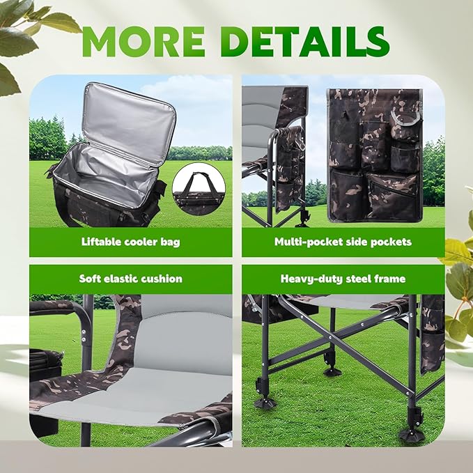 Fishing Chair with Rod Holder Folding Heavy Duty Ice Fishing Camping Chair with Liftable Cooler Bag Cup Holder Adjustable Legs