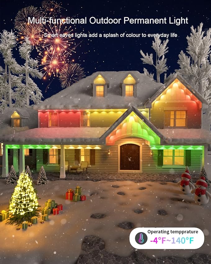 Permanent Outdoor Lights 100ft RGB+IC with 72 Smart AI Eave Lights with Remote APP Control DIY LED Color Individual Christmas Outdoor Light Party Compatible with Alexa Google Assistant