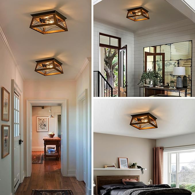 Farmhouse Ceiling Light 2-Light Flush Mount Light Fixture with Metal and Wood Design Rustic Light Fixture for Kitchen Entryway Hallway Bedroom