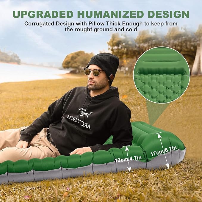 Camping Sleeping Pad with Pillow: Extra Thick 4.7 Inch Ultralight Self Inflating Air Mat Connectable 50D Insulated Sleep Mattress for Backpacking Camp Hiking Tent (Olive Green)
