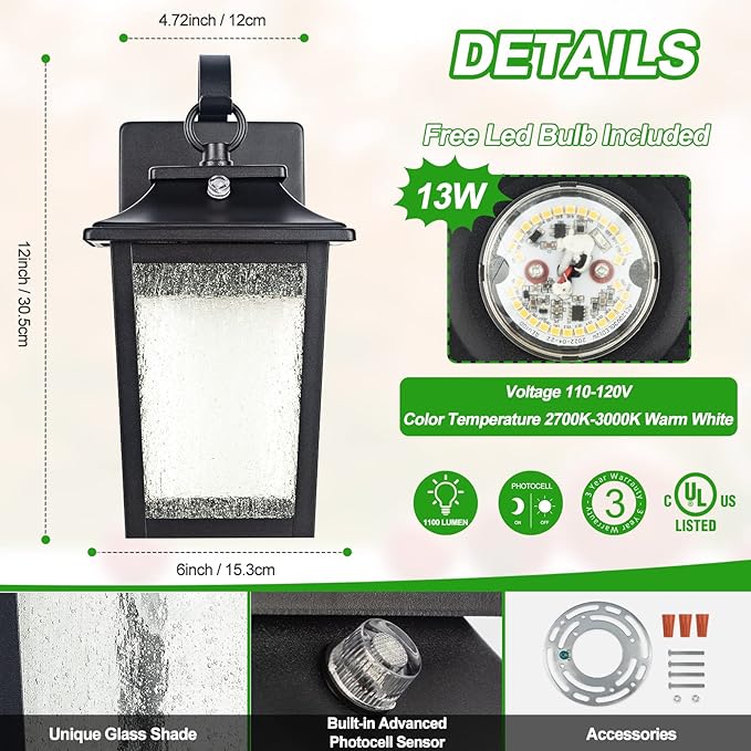 LED Dusk to Dawn Outdoor Lighting - 2 Packs Outdoor Wall Lights for House 13W 3000K LED Outside Porch Lantern Black Exterior Wall Sconce for Garage Doorway Garden 100% Waterproof Anti-Rust