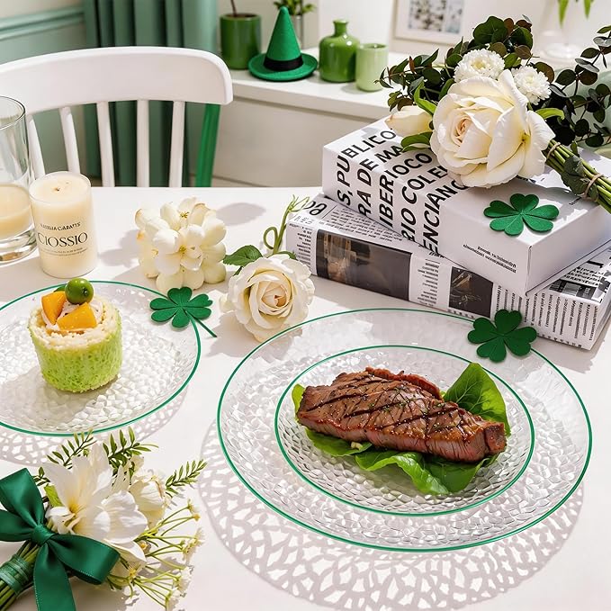 Rubtlamp 60Pcs Plastic St Patricks Day Plates Plates Clear Plastic Disposable Plates With Green Rim Green Heavy Duty Fancy Hammered Party Plate Include 30 Dinner Platos30 Salad Platos for Easter