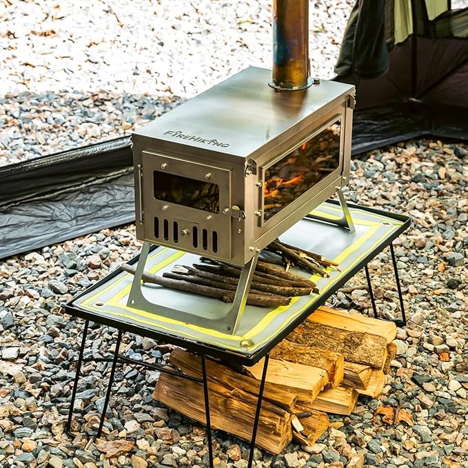 Wood Stove Table for Camping Tent Stove Table Folding Stove Base with Mat Portable Steel (23.6''×13.8'')