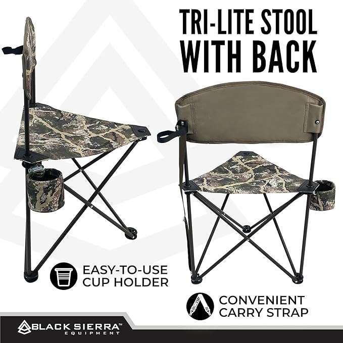 Black Sierra Tri-Lite Stool w/Back Lightweight Portable Fishing Chair w/Cupholder and Carry Strap Supports 225-Lb Portable Outdoor Chair for the Hunting Blind Camping Travel Hiking