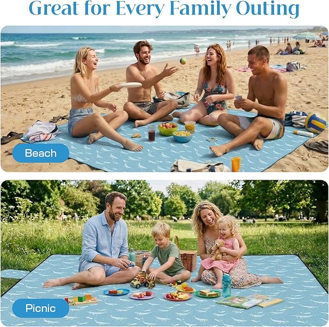 OIGAE 7x7ft Sandproof Beach Blanket - Large Waterproof Picnic Mat for 3-4 People Lightweight Sand Free Mat for Summer Vacation with 6 Stakes &amp 4 Corner Pockets for Beach Camping Festivals
