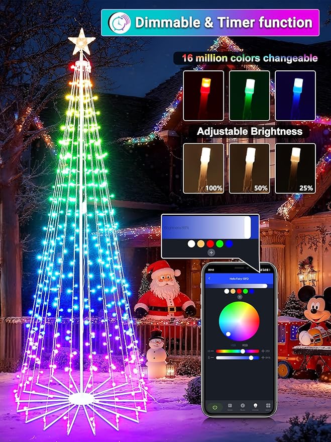 Flacchi 7.8FT Smart Christmas Tree Lights - Star Tree Topper with Removable Bracket App Control Sync with Music Waterfall Colored Lights for Indoor Outdoor Xmas Decorations (7.8FT/ String Lights)