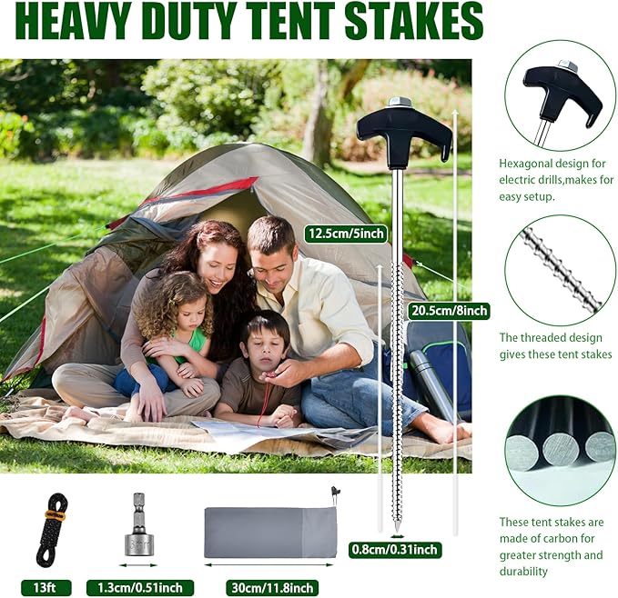 8” Screw in Tent StakesDrillable Tent Stakes Heavy DutyCamping Tent Stake Screw with 13ft Rope 13mm Hex Head DriverStorage Bag for OutdoorCampingDog Anchors (16 Black)