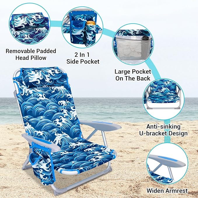 #WEJOY Folding Beach Chair for Adults 4-Position Lightweight Beach Chair Low Beach Chairs with Shoulder Strap Cup Holder and Headrest Supports 265lbs for Beach LawnDarkblue/White