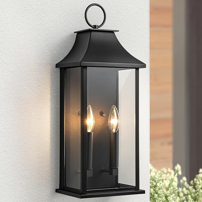 Outdoor Wall Lights Dusk to Dawn Waterproof Outside Wall Sconce Large Modern Wall Fixture with Glass Exterior Lamp for House Porch Garage 2-Light (20.6 Inch Black)