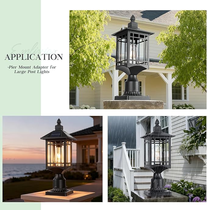 Lighting Outdoor Post Light Mounting Base – 3.0 OD Heavy-Aluminum Pier Mount Adapter in Black Finish for Deck Porch Patio 2 Pack