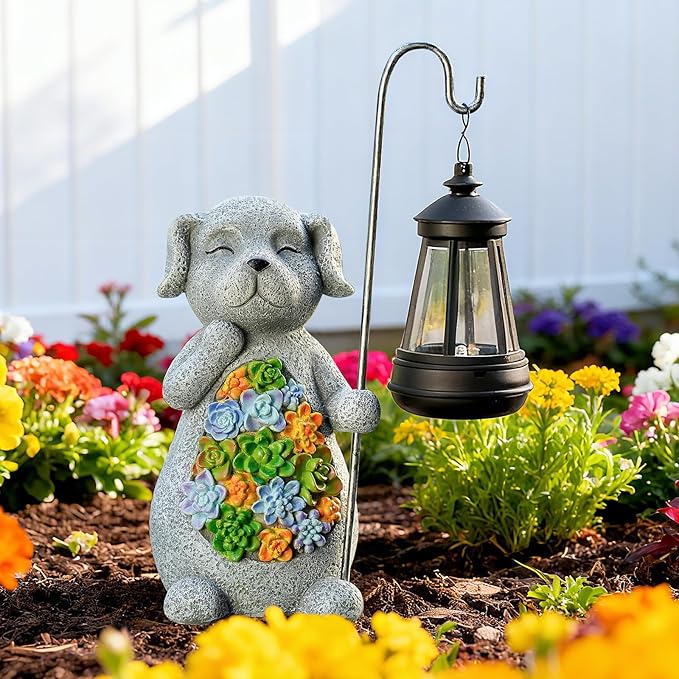Solar Dog Garden Statue with Lantern – Waterproof Resin Outdoor Decor for Yard Lawn Flower Bed Backyard Front Yard Patio Balcony – Gift for Dog Lovers