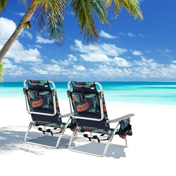 Backpack Beach Chair 5 Position Adjustable Camping Chairs with Head Pillow Cooler Bag Towel Bar Cup Holders Portable 2-Pack Folding Beach Chairs for Adults (Without Table Floral Pattern)