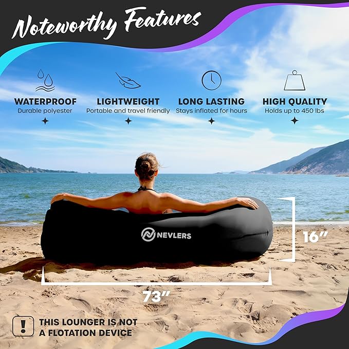 Nevlers Dark Black Inflatable Lounger | 210T Polyester Inflatable Chair | No-Pump Air Couch | Outdoor Inflatable Couch w/ 450lbs. Cap. Pockets &amp Matching Bag | Use as Blow Up Couch for Adults &am