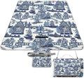 Blue and White Chinese Style Chinoiserie Folk Waterproof Outdoor Picnic Blanket Sandproof Beach Mat for Camping Hiking Grass Travelling