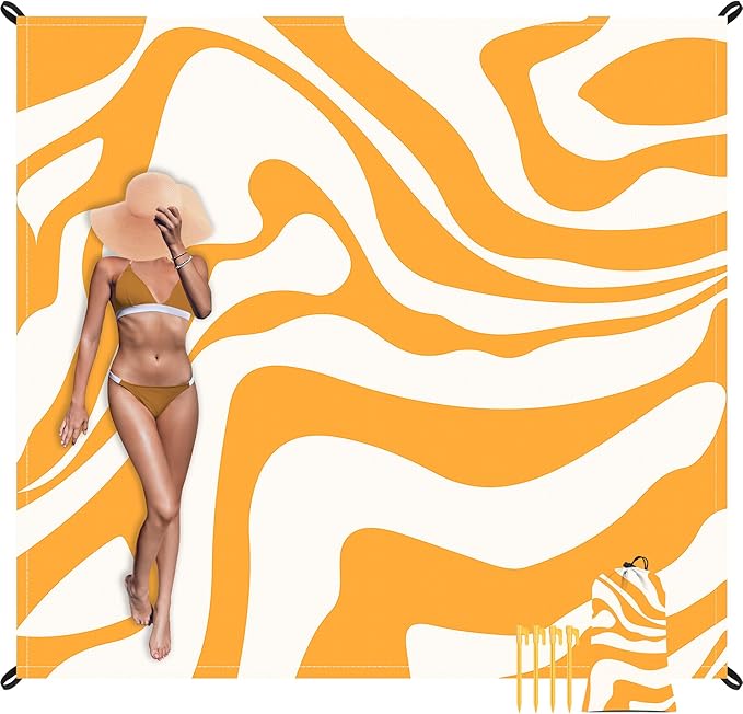 Yellow Beach Blanket Sand Free Waterproof Outdoor Beach Mat with 4 Stakes &amp Pockets 78''×86'' Large Sandproof Foldable Picnic Blanket with Portable Bag for Camping Travel Hiking