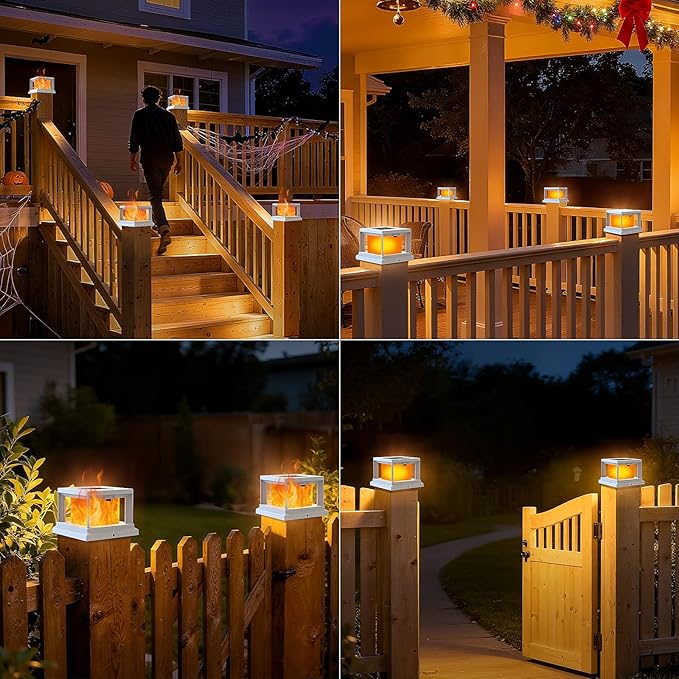 8-Pack Solar Light Outdoor Waterproof Solar Powered Post Cap Light for 4x4 Vinyl/Wooden Post with Flickering Flame White High Brightness SMD LED Deck Cap Lights for Fence Garden Patio Porch