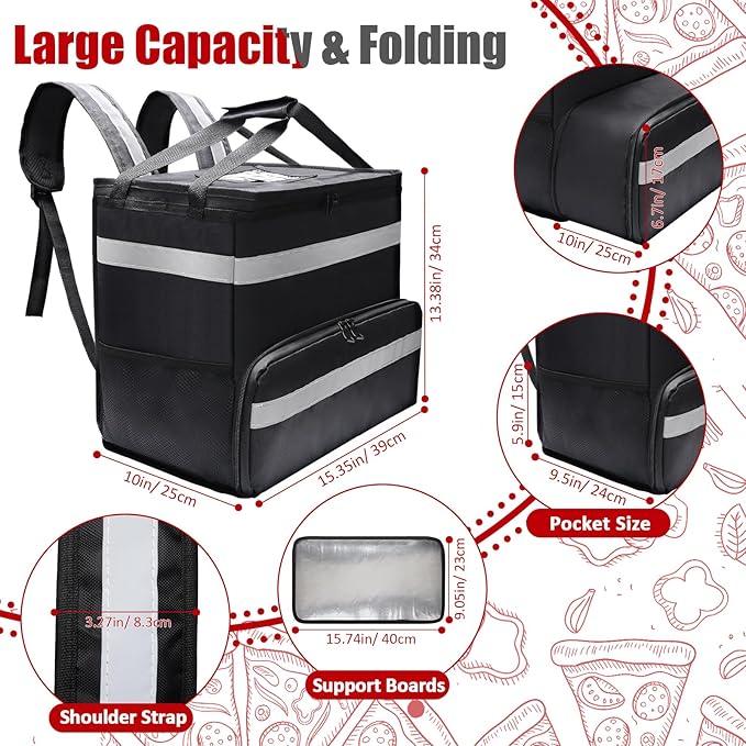 Food Delivery Backpack for Bike Expandable Pizza Bags for Delivery with 2 Pockets/ 2 Support Boards/Reflective Strip Insulated Delivery Backpack for Food