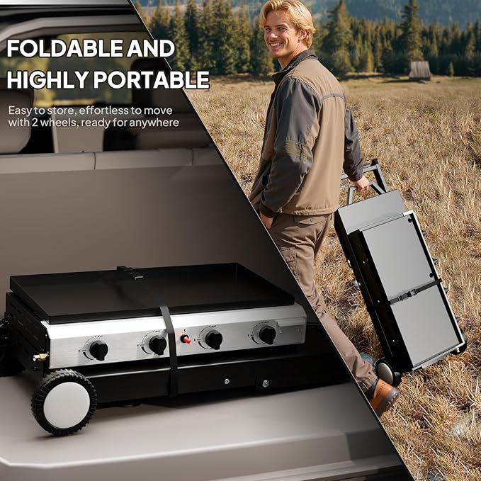 ROVSUN 4 Burner Foldable Propane Griddle with Wheels &amp Enameled Tray 40000 BTU Portable Flat Top Gas Grill with Electronic Ignition &amp Regulator for Outdoor Cooking Camping BBQ Tailgating Picn