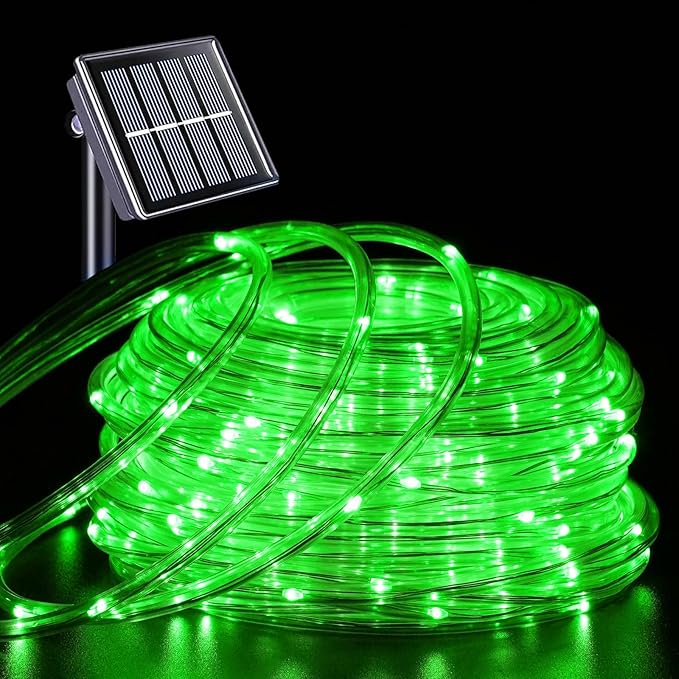 YEGUO Solar Christmas Light Outdoor Waterproof 66ft 200 LED Green Rope Lights 8 Modes Tube String Lights in Clear Thin Tube
