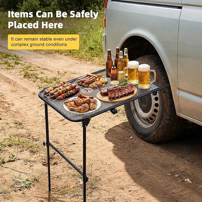 Tire Camping Table Car Wheel Car Table Foldable Heavy Duty Travel Tables for Car Camping Picnic BBQ &amp Outdoor Cooking (26 x 19 in) Black 26-40 * 19 * 15–32in (Adjustable)