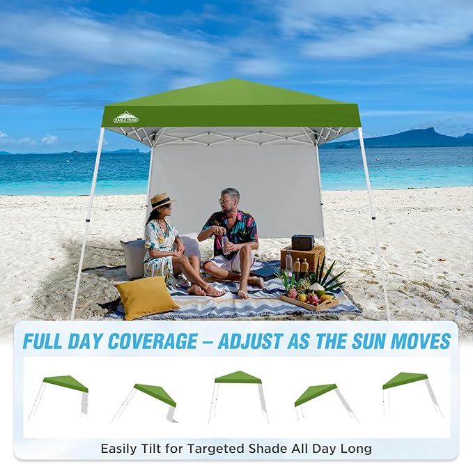 EAGLE PEAK 10x10 Pop Up Canopy Tent with Sidewall Compact Portable Slant Leg Instant Sun Shelter for Beach Sports &amp Camping 10x10 Base 8x8 Top Green