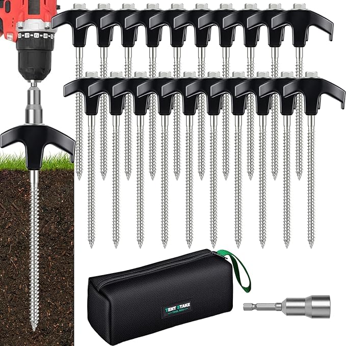 20 Pack 8 Heavy Duty Screw in Tent Stakes Metal Camping Stakes Drill-In Ground Anchor Threaded Stakes for Canopies Gardening Yard Inflatables with Hex Socket and Storage Bag (Black)