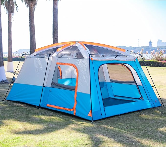 KTT Extra Large Tent 10-12-14 Person(Style-B)Family Cabin Tents2 Rooms3 Doors and 3 Windows with MeshStraight WallWaterproofDouble LayerBig Tent for OutdoorPicnicCampingFamily Gathering