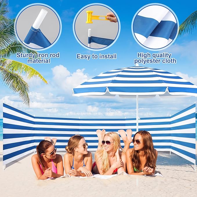Sliner 20ft Beach Wind Screen with 5.5ft Beach Umbrella Set UV 50+ Wind Blocker Fence for Sand Outdoor Portable Windscreen Sunbathing Privacy Screen Includes Bag &amp Hammer(Blue and White)