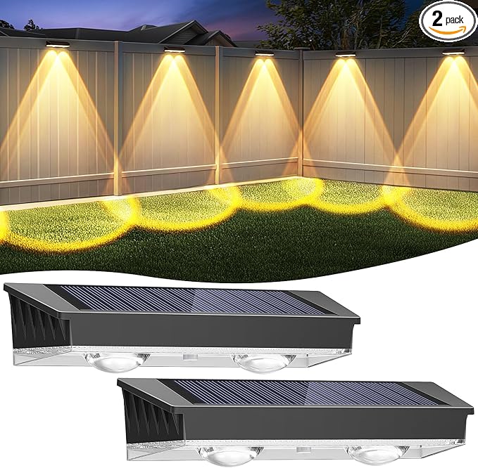Solar Fence Lights Outdoor 2 Pack Warm/Neutual/Cool White Fence Solar Lights with 2 LED IP65 Waterproof Backyard Patio Decor for Deck Wall Railing Pool Stair