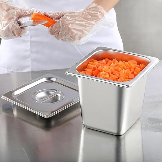EGGKITPO1/6 Size 6 Inch Deep Stainless Steel Pans with Lid 6 Pack Steam Table Pan Commercial Hotel Pan for Salad Prep Table Metal Food Pans with Cover for Kitchen and High-Volume Restaurant Supplies