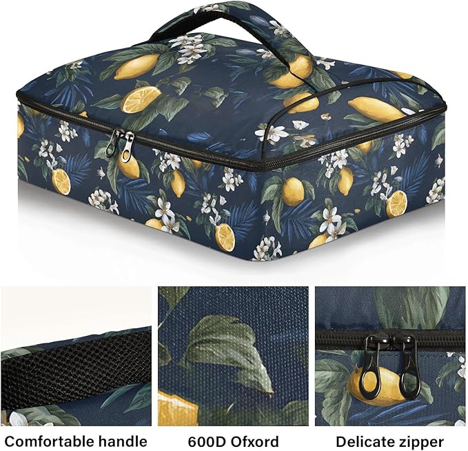 Casserole Carrier Pattern Lemons and FlowersInsulated Casserole Carrier for Hot or Cold Food Thermal Lunch Tote for Potluck Parties Picnic Beach Fits 9 x 13 Inches Baking Dish