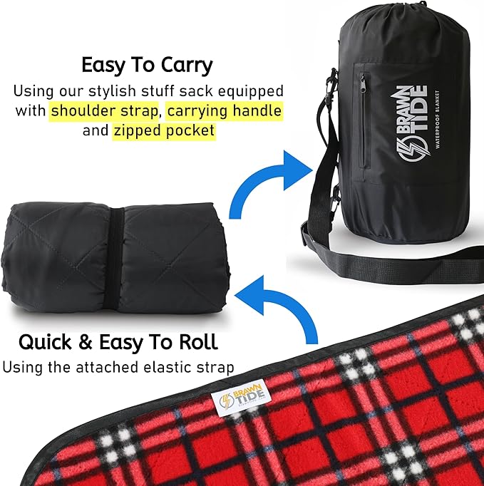 BRAWNTIDE Large Outdoor Waterproof Blanket - Extra Thick Fleece Warm Windproof Sandproof Quilted 82 x 55 Ideal for Beaches Picnics Camping Stadiums Dogs Car