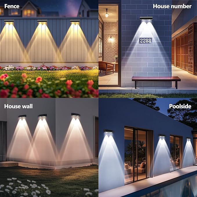 BrizLabs Solar Fence Lights Outdoor 3 Color (2700K/4500K/6500K) &amp 6 Modes Solar Wall Light 8 Pack 250lm LED Patio Deck Lighting IP65 Waterproof Fence Lighting for Outside Backyard Patio Railing
