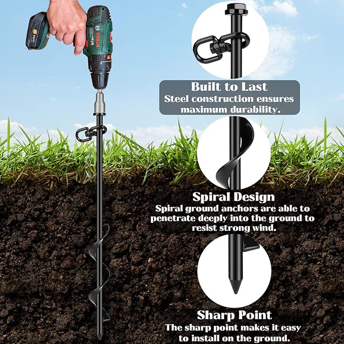 6 Pack Ground Anchor Heavy Duty Earth Anchors with T Handle Hex Wrench &amp Power Nut Driver Metal Stakes Ground Anchors Screw in for Swing Trampoline Tents Securing Animals