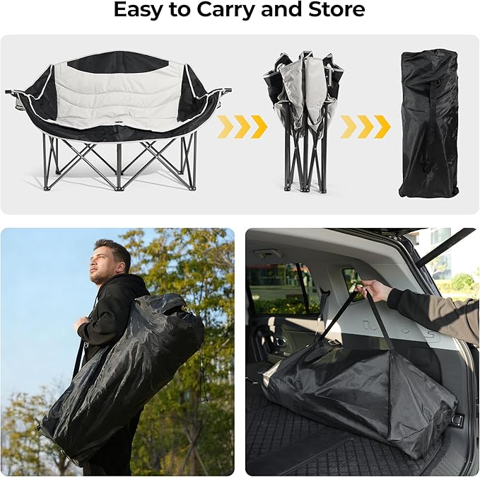 Double Camping ChairsOversized Foldable Camping Chairs with Cup Holders Heavy Duty Loveseat Couch for Adults Suitable for Indoor Outdoor Beach Support 600 lbs（Black/White）