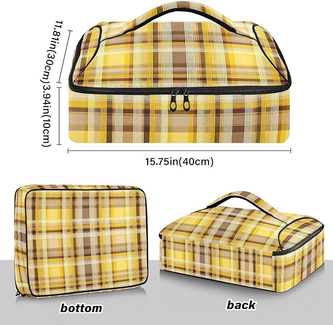 Casserole Carrier Print Yellow and Brown Tartan Pattern Insulated Casserole Carrier for Hot or Cold Food Thermal Lunch Tote for Parties Picnic Travel Carry Bag