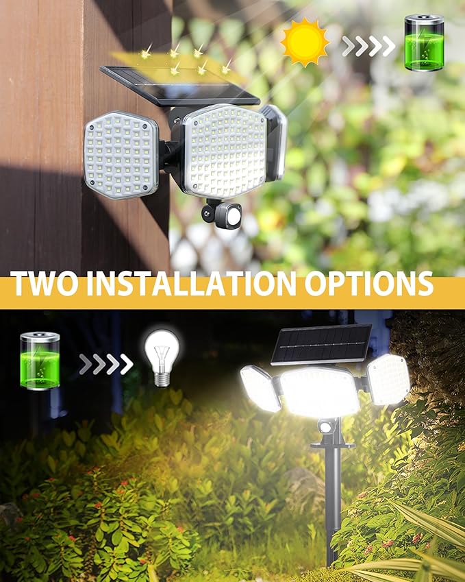 Solar Motion Sensor Outdoor Lights with Stakes In-Ground or Wall Mount 270° Wide Angle Illumination 208 LED Solar Powered Security Flood Lights IP65 Waterproof 2 Pack