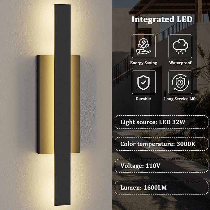 LamQee 31 inch Aluminum Long Outdoor Wall Lights 3000K 1600LM 32W LED Modern Exterior Lighting Fixtures IP65 Waterproof Matte Black Linear Outside Sconce Wall Mount for House Porch Patio Garage Door