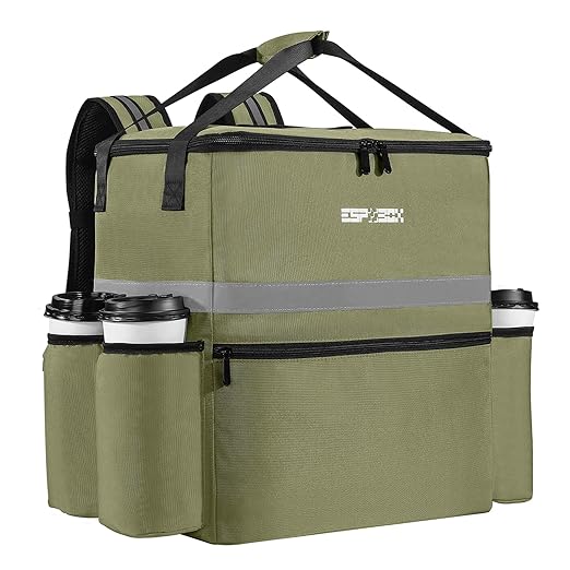 Food Delivery Backpack w/4 Cup Holder &amp Insulated Pizza Bag for Delivery Bike - Large &amp Leakproof Hot/Cold Delivery Bags for Uber Eats Doordash &amp Postmates (Green)